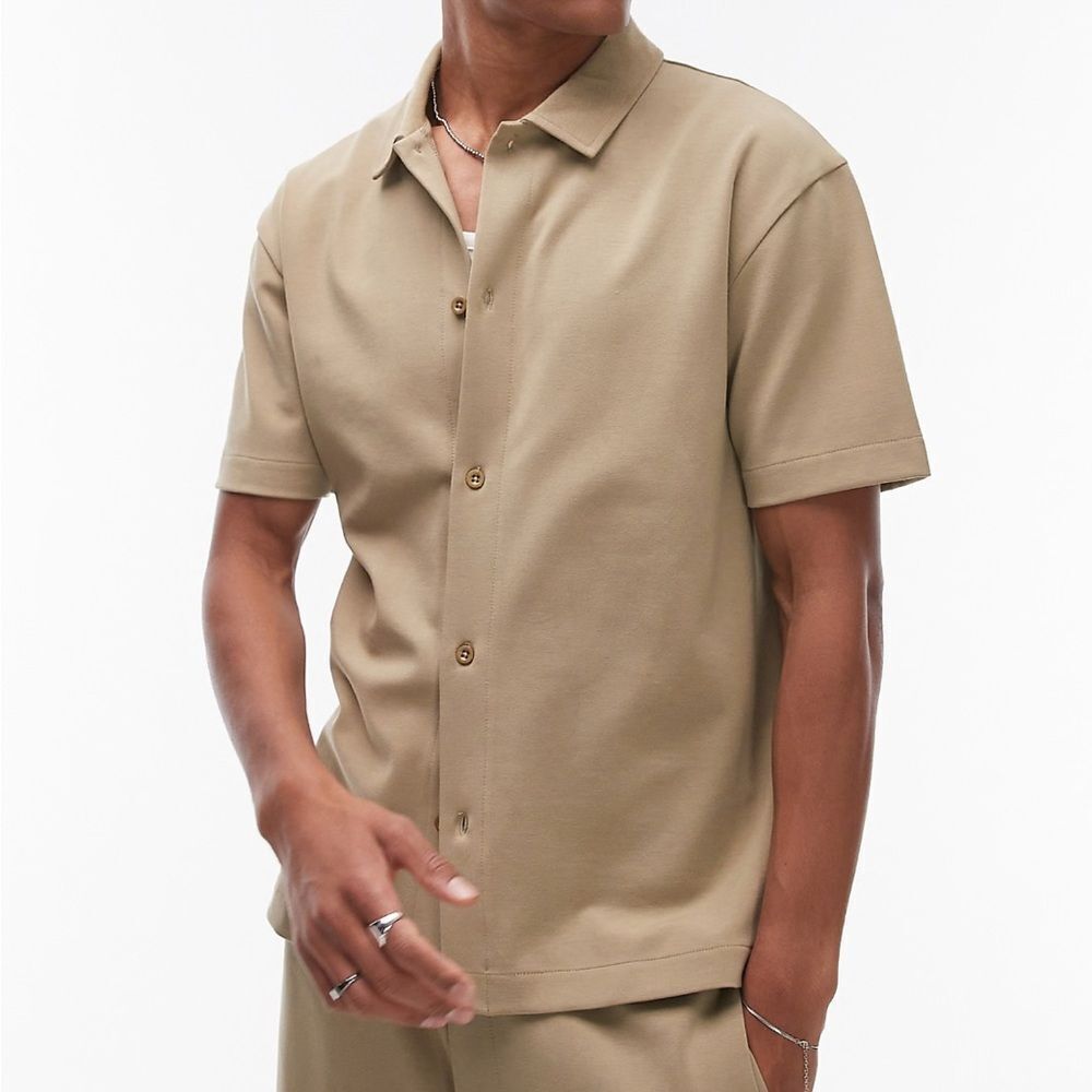 ASOS Topman premium relaxed fit button down jersey shirt Khaki Small NWT